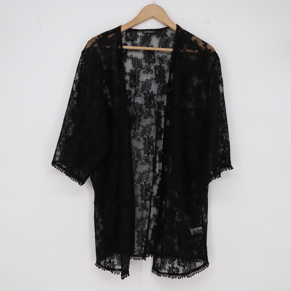 Express Kimono Womens M Black Floral Lace Sheer Pom Pom Trim Excellent